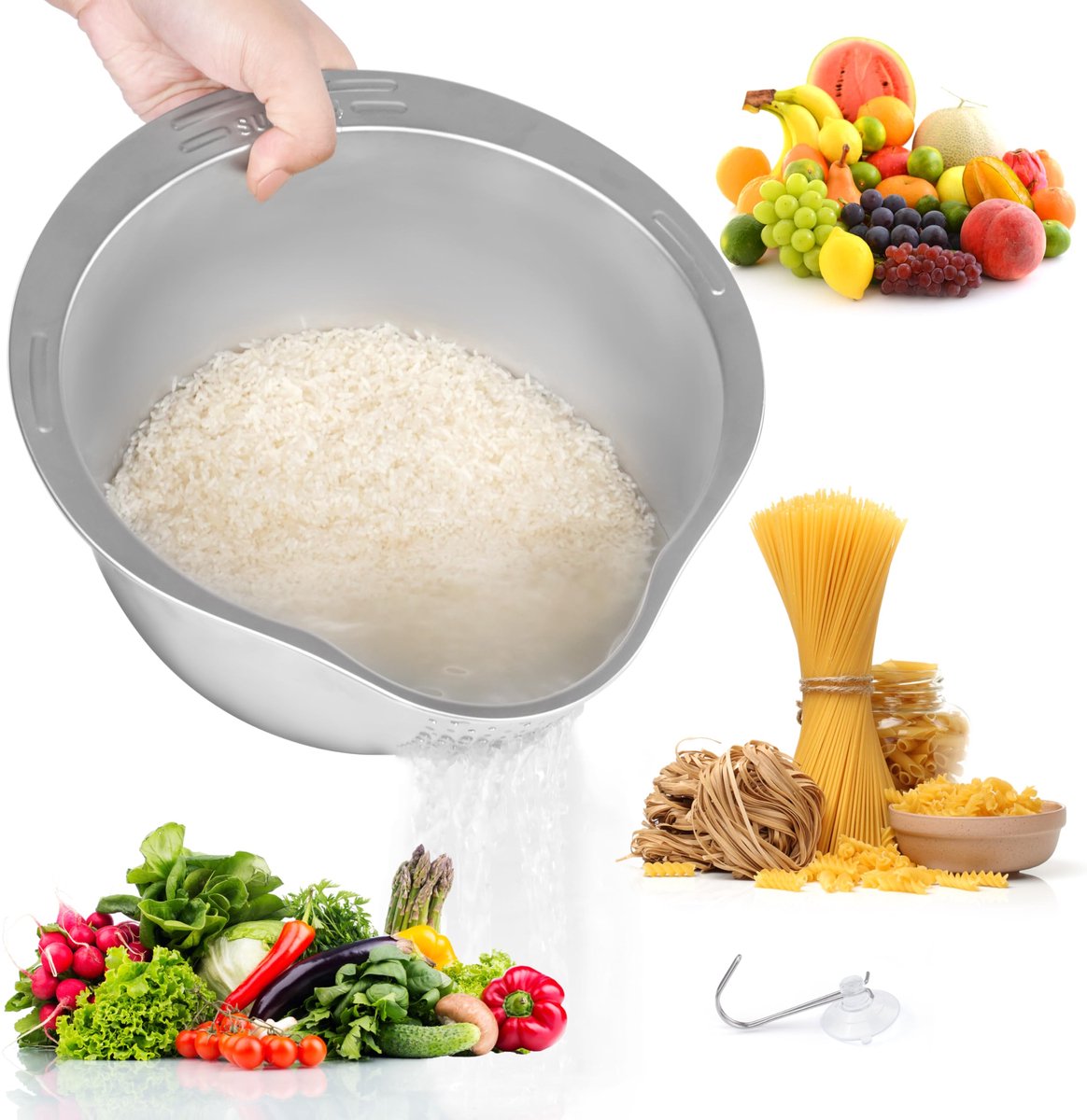 Ynkkvre - roestvrijstalen rijstwasbak met schenktuit - voedselveilige zeef voor rijst, pasta, quinoa, fruit en groenten - keukenzeef voor wassen en afgieten