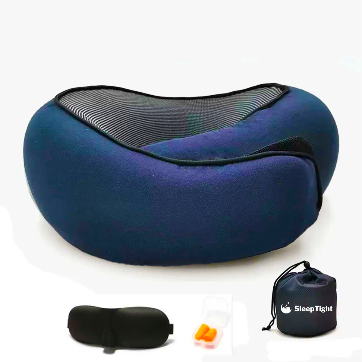 Sleeptight Nekkussen Vliegtuig of Auto - Reiskussen Set - 360° steun - Nekkussen Traagschuim - Travel Pillow Memory Foam - Met Oordoppen en Oogmasker - Blauw