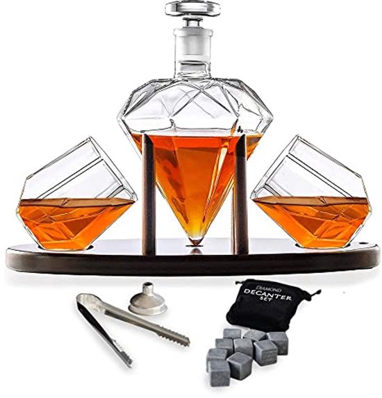 OUGPIU Whiskykaraf, 1000 ml vat met kraan en houten onderzetter, vatvormige drankdispenser van glas met afsluitkurk, transparante alcoholdispenser, set, cadeaus voor vriend, echtgenoot, vader