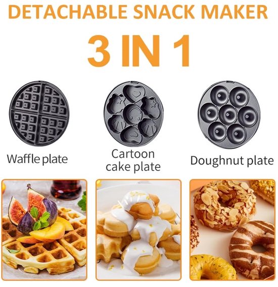3 in 1 Elektrische Wafel en Donut Maker met Verwisselbare Platen voor Snack Cakes — afbeelding 3