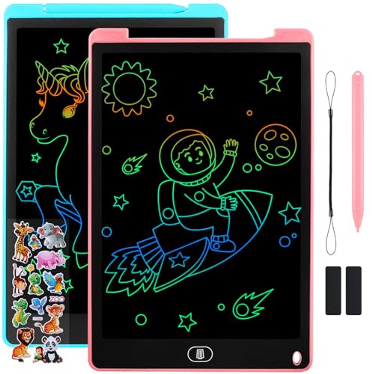 Image of 12 Inch LCD Schrijfbord - 2 Stuks Tekeningstablet met Kleuren Scherm en Uitwisbare Schrijfpad voor Kinderen - Dierenstickers - Blauw en Roze