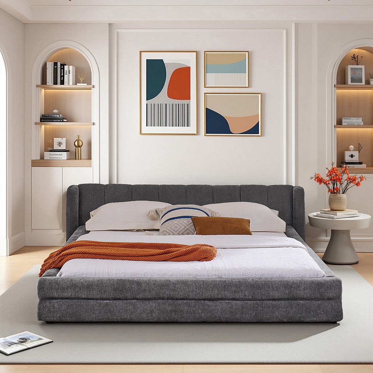 BLACKCOLORS Tweepersoonsbed 140×200 cm, chenille stof, comfortabele rugleuning, stevig frame van eucalyptus en ijzer, eenvoudig te monteren, donkergrijs (zonder matras)