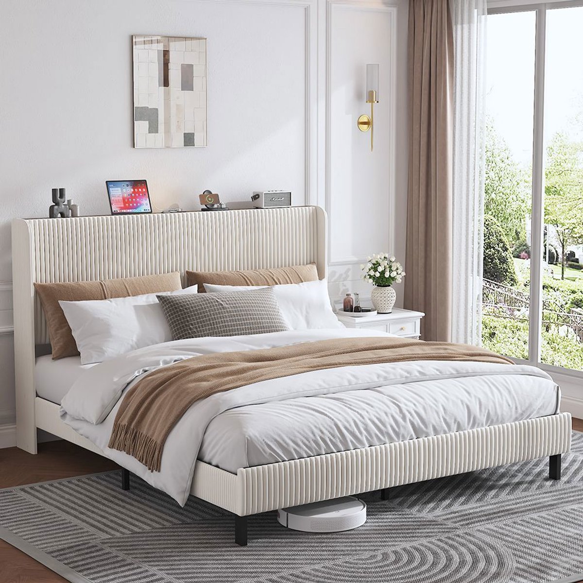 BLACKCOLORS Bedframe 180*200 gestoffeerd platformbed met stoffen hoofdeinde, ontwerp met afgeronde randen/antislip en geruisloos/metalen latten/zonder bedbodem