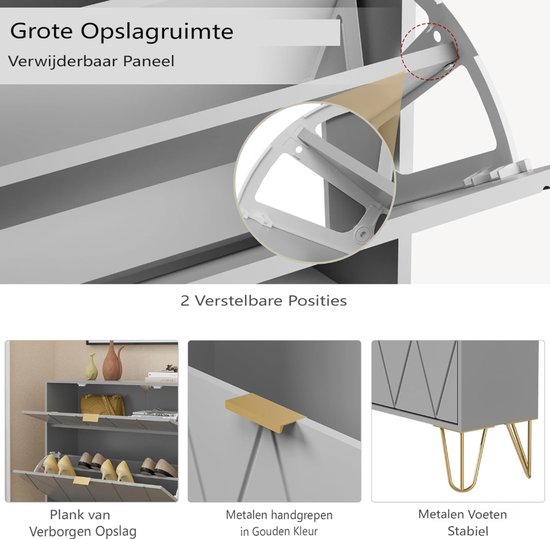 Details van grijze schoenenkast: verwijderbaar paneel, metalen handgrepen en metalen poten.