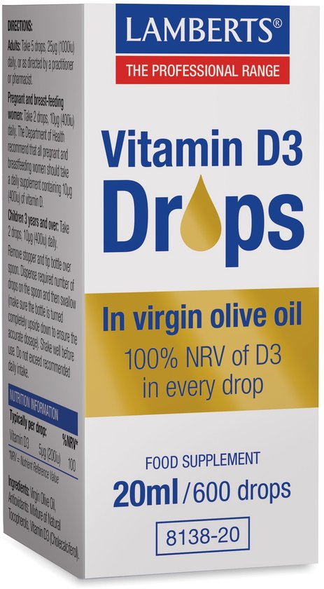 Doos Lamberts Vitamin D3 druppels in olijfolie, 20ml/600 druppels, met voedingsinformatie.
