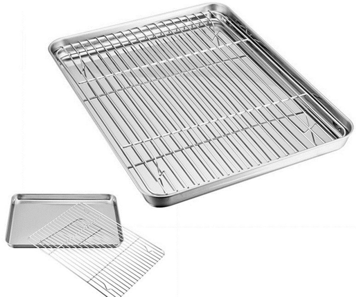 Roestvrijstalen Grillplaat - Grillplaat - Diepe Bakplaat voor Gelijkmatig Bakken en Ventilatie - 2-delig - Geschikt voor Toaster Oven en Haard + Zilver