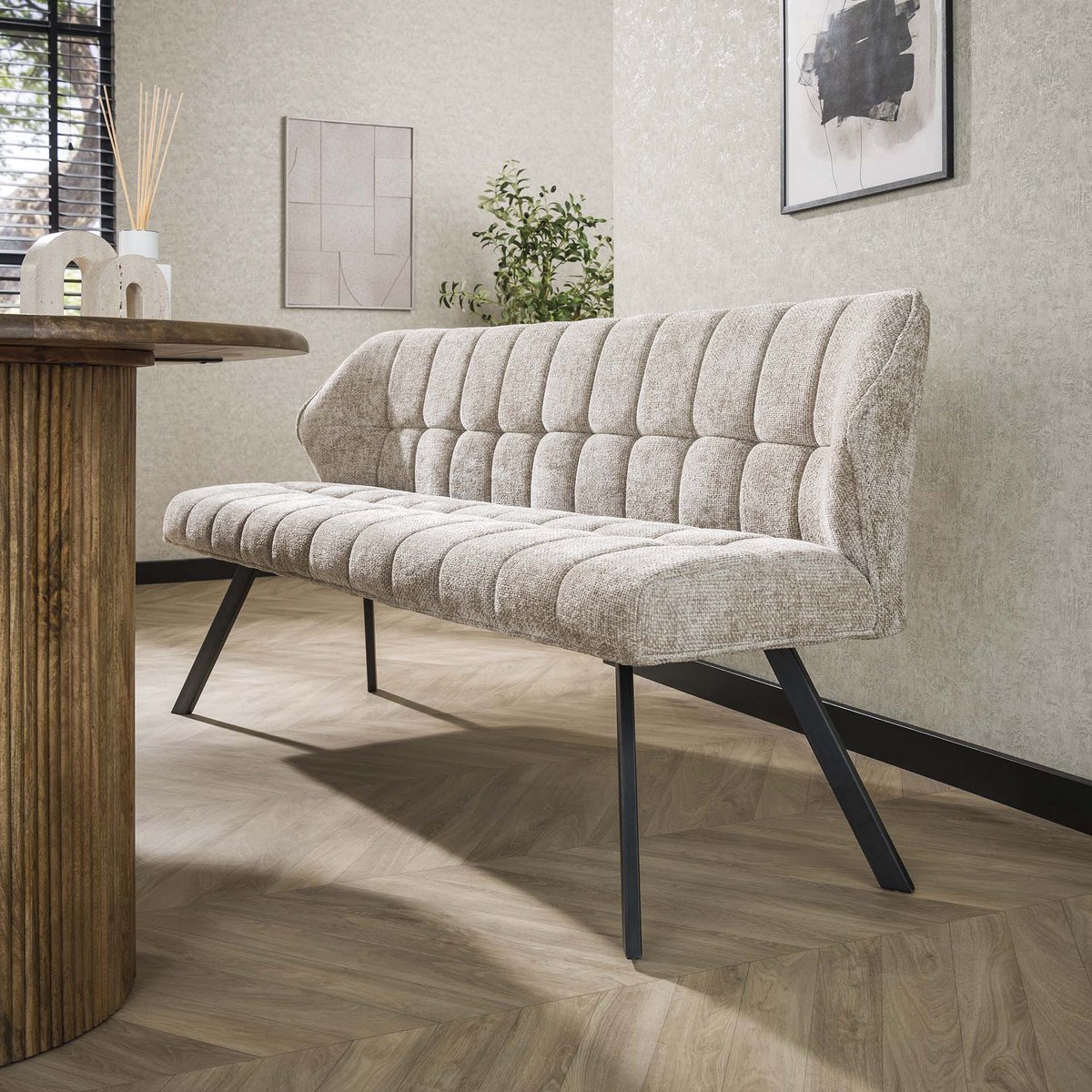 Dimehouse Eetkamerbank Lino Chenille Stof Rich Zand 180 cm Geblokt - Velvet - Modern Zandkleur