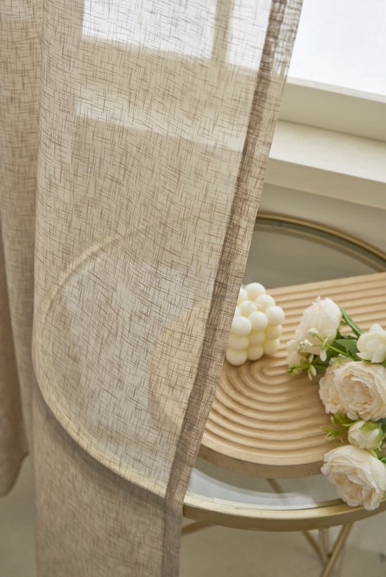 Maroyathome Bibiana - Vitrage - Kant en klaar - Plooiband - Loodveter - Schelphaken - Embrasse - LICHT TAUPE - 150 x 250 cm - 150 cm breed - 250 cm lengte - 1 stuks