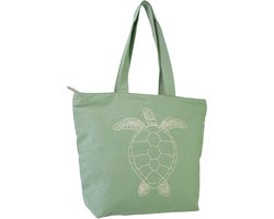 Boodschappentas met rits - Biologisch Katoen – Groen – Met Schildpad Design & Rits - Binnenvak - Keyring - Duurzaam - Cadeau voor vrouw