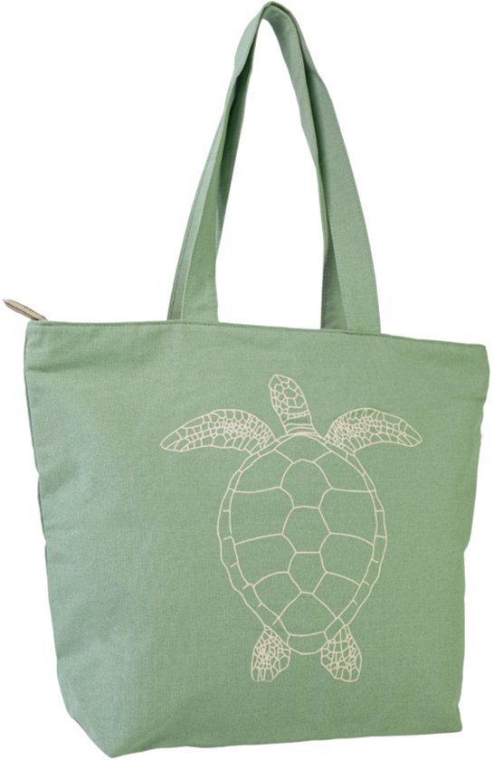 Grand sac cabas - Katoen bio - Vert - Design tortue et fermeture éclair - Poche intérieure - Porte-clés - Durable - Cadeau pour femme