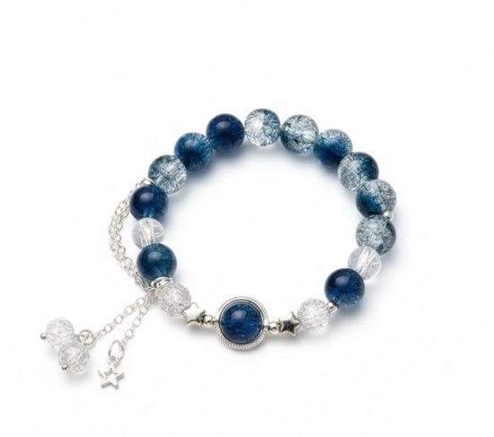 Bracelet femme en perles Blauw argenté avec breloques étoiles – bracelet élastique avec perles de verre et pendentif décoratif