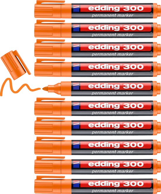 Tien oranje edding 300 permanente markers met de doppen eraf, één marker met schrijfstreek.