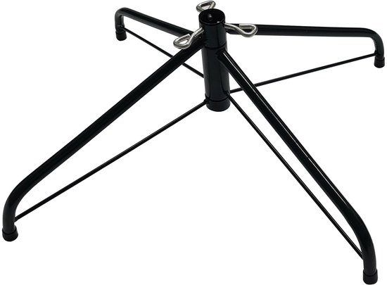 Zwarte metalen standaard voor een kunstkerstboom met vier poten.