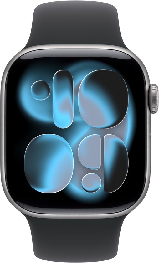 Apple Watch en aluminium gris sidéral avec bracelet sport noir. L'écran affiche des chiffres abstraits bleus.