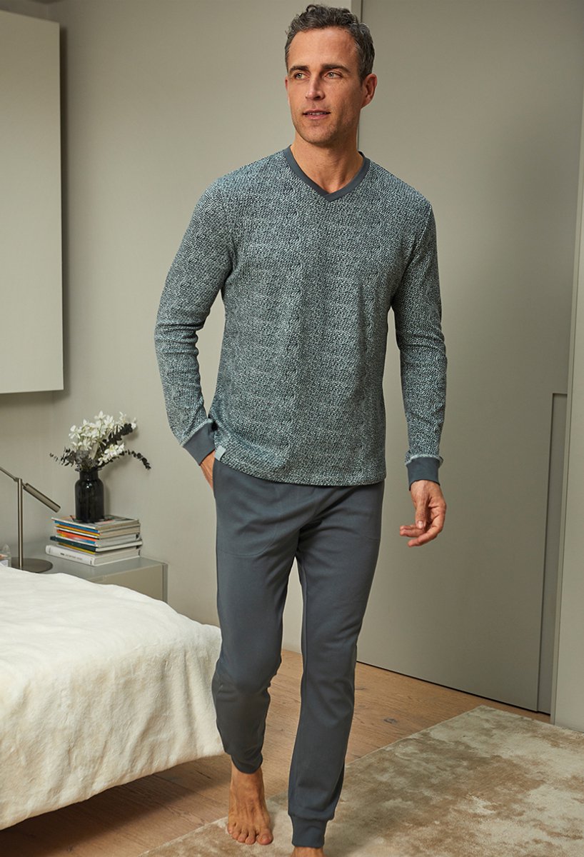 Barandi Herenpyjama Gary – Grijsblauw – Warme Katoen – V-hals – Comfortabele & Moderne Herenpyjama groen