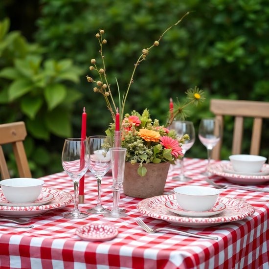 Nappe à carreaux rouge et blanc sur une table de jardin avec table dressée.