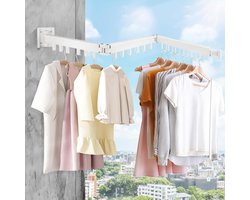 Drying Rack - Wall Mounted Clothes Rail - 120 cm Extendable Folding Clothes Rack - 18 Hanging Hooks for Balcony - Laundry Room - Bathroom - Bedroom - 3 Folding Heats - White