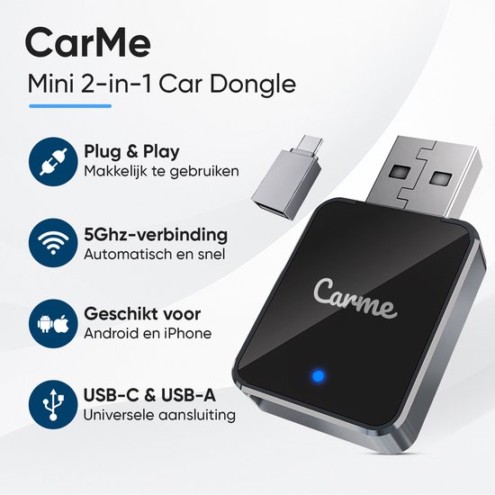 CarMe Mini 2-in-1 CarPlay Dongle V2 - Draadloos CarPlay & Android Auto - USB-A & USB-C - Android Auto Dongle - Zilver