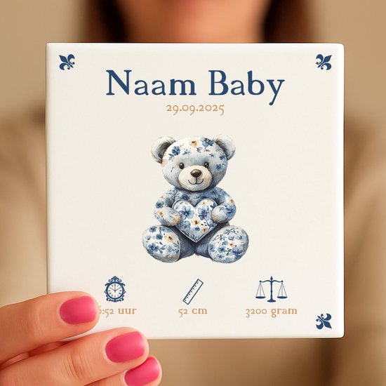 Gepersonaliseerde Baby Tegeltje - Met Naam, Geboortedatum, Gewicht, Lengte en Tijd - Blauw Beertje van Smartphoto — afbeelding 2