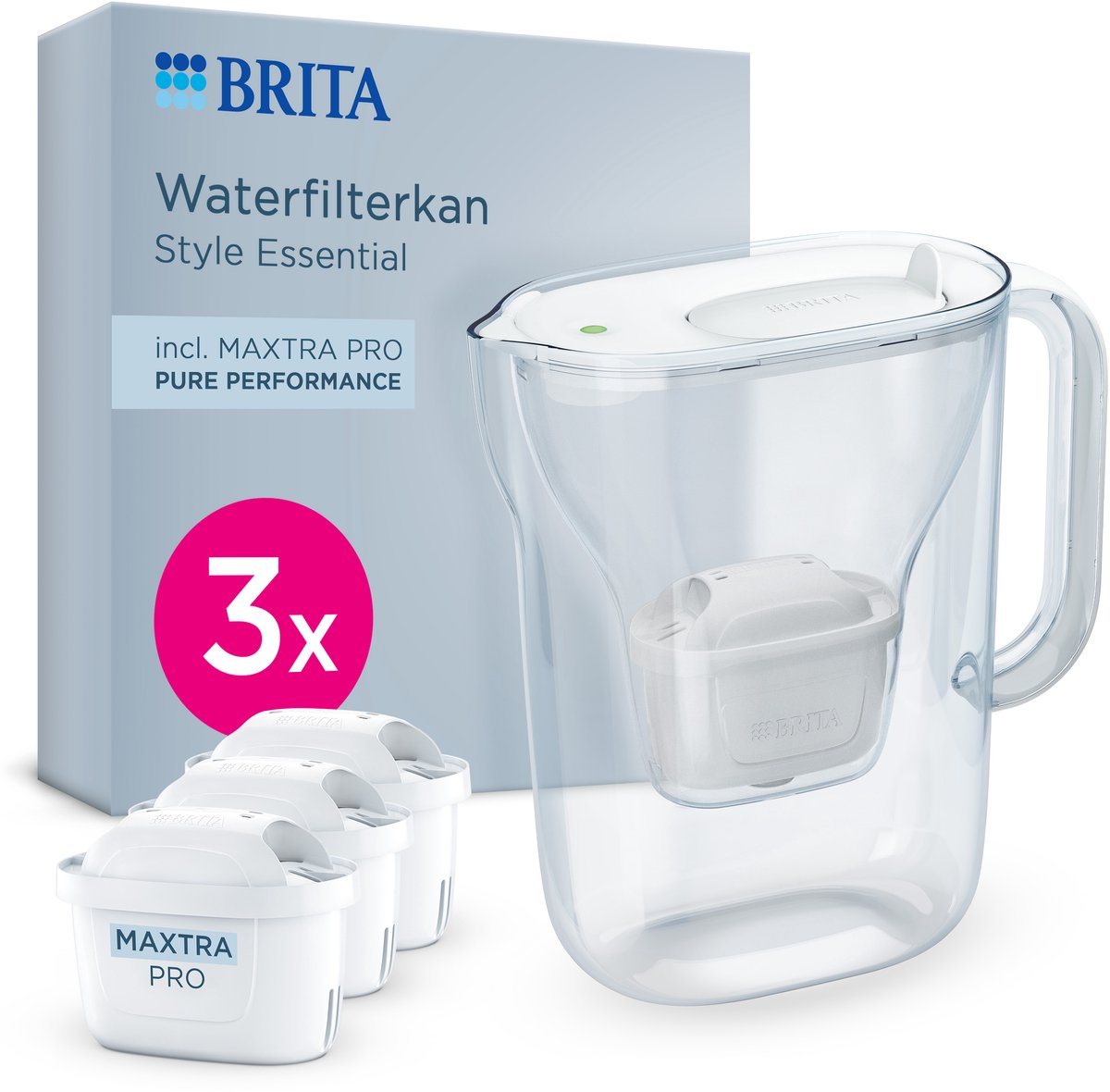 BRITA waterfilterkan Style Essential Wit (2,4L) incl. 3x MAXTRA PRO Pure Performance - past in de koelkast, met Smart LED Light & klapdeksel, wordt verzonden in een duurzame verpakking — afbeelding 1
