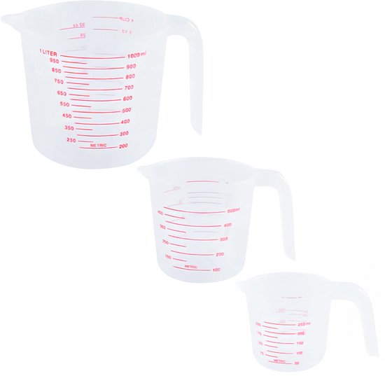 Foto: Maatbeker set 3 delig maatbekers maatkannen 250 ml 500 ml 1000 ml kunststof stapelbaar transparant