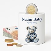 Gepersonaliseerde Baby Spaarpot – Met Naam en Geboortedatum – Blauw Beertje