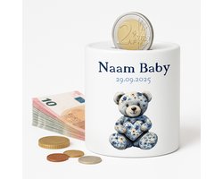 Gepersonaliseerde Baby Spaarpot – Met Naam en Geboortedatum – Blauw Beertje