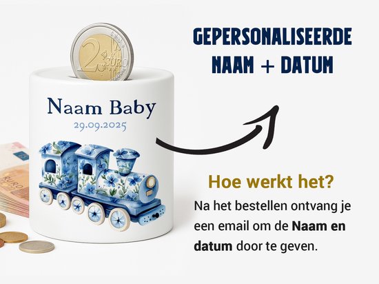 Gepersonaliseerde Baby Spaarpot - Met Naam en Geboortedatum - Blauw Treintje van LP Creation Studio — afbeelding 2