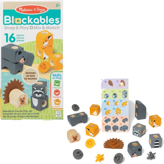 Doos van Melissa & Doug Blockables Bosvrienden, met houten blokken van een beer, vos, wasbeer, leeuw en egel.