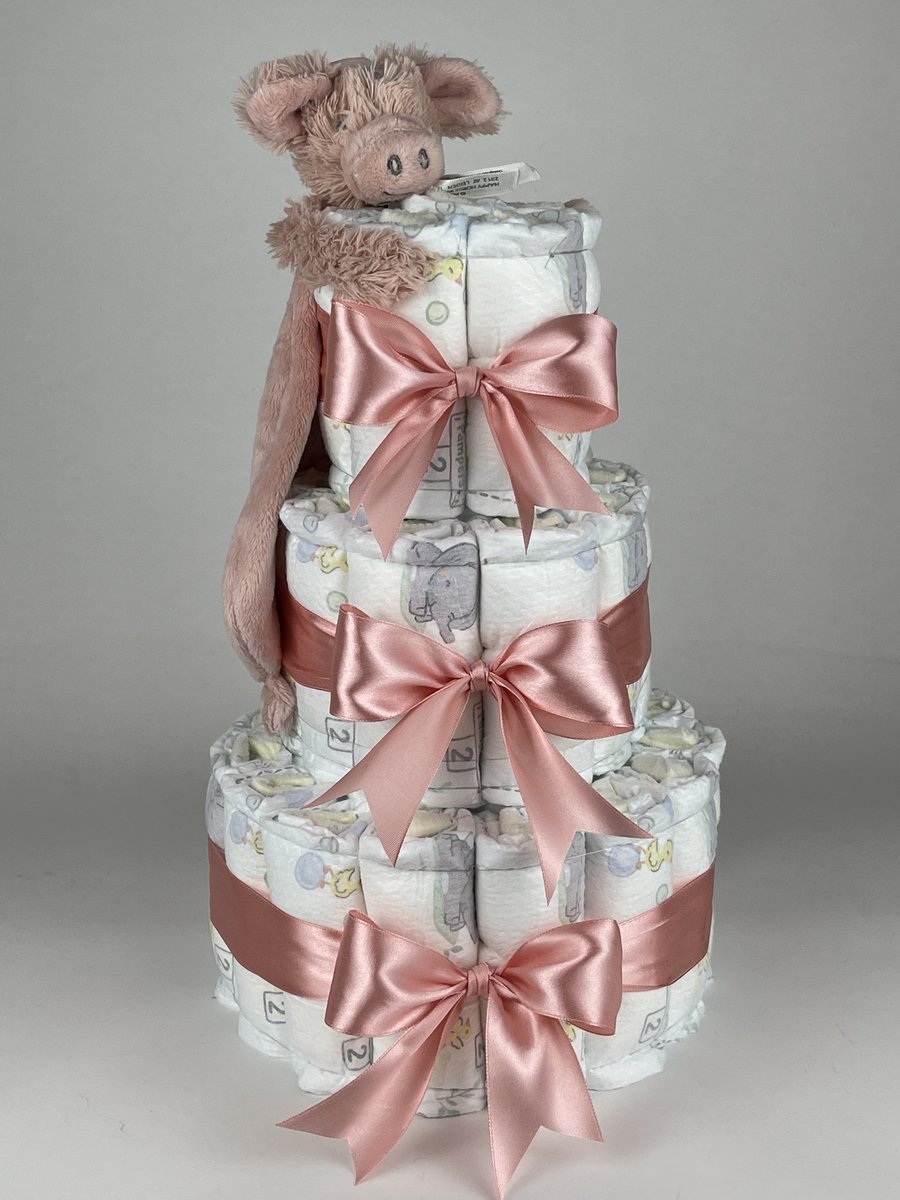 Chouette-Chouette | Luiertaart Meisje | Kraamcadeau | Geboorte Meisje | Babyshower | Tuttle Varken Perry donker Poeder Roze