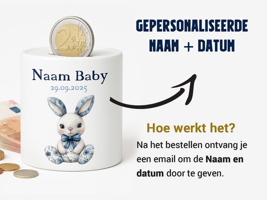 Gepersonaliseerde Baby Spaarpot - Met Naam en Geboortedatum - Blauw Konijntje van Merkloos — afbeelding 2