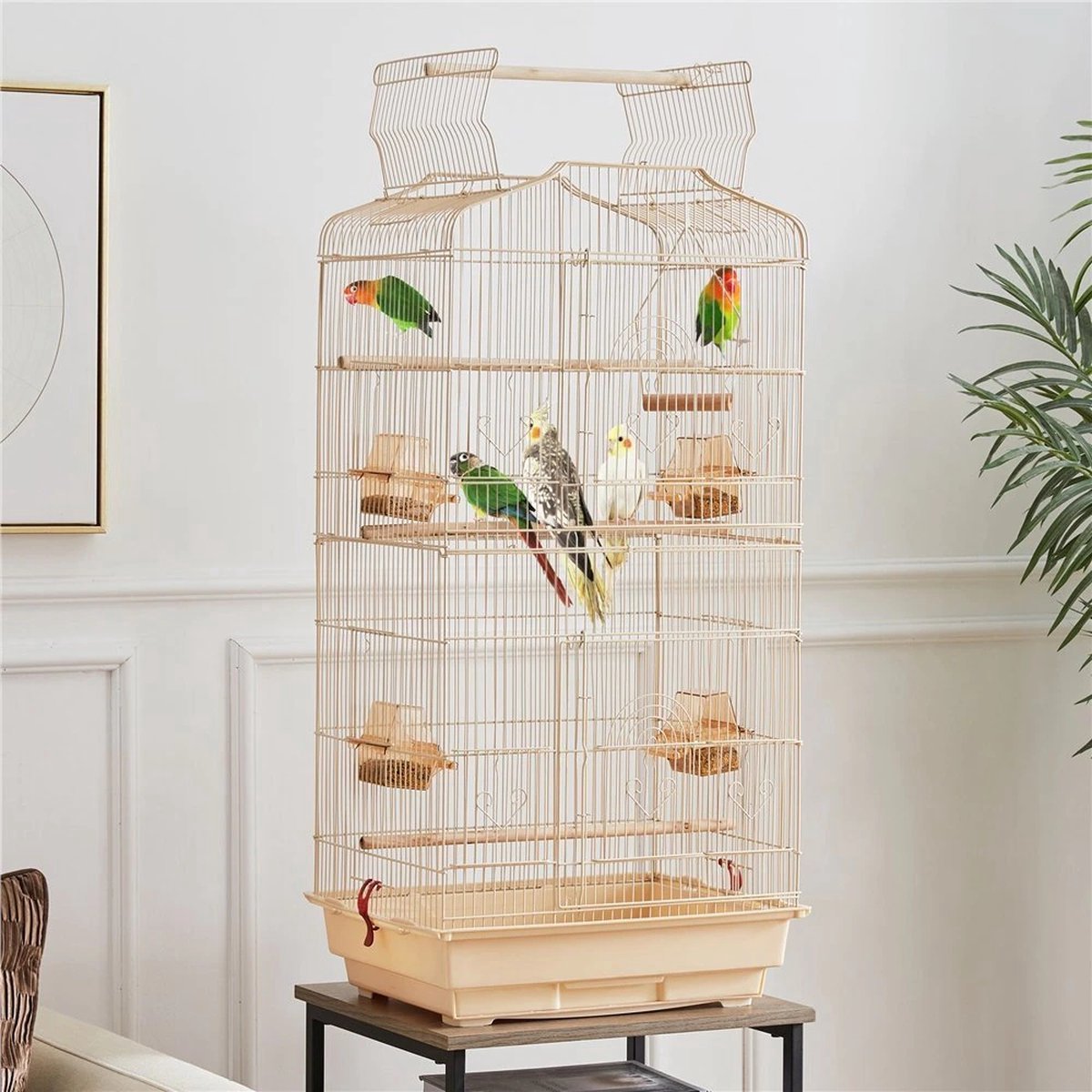 Papa simba Vogelkooi ,volière ,vogelkooi met draagbaar handvat met 4 voerbakken ,3 zitstokken, 46 x 35 x 92 cm , amandel , HMTM-BC-10001-Almond thumbnail 2