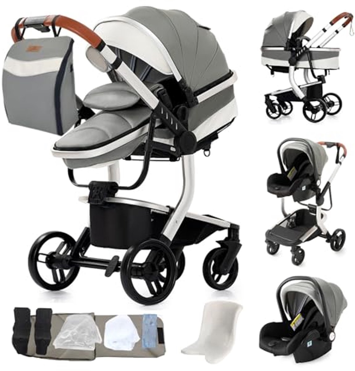 Image of 3-in-1 Babywagen van PU-leer - Opvouwbaar, Comfortabel en Omkeerbaar