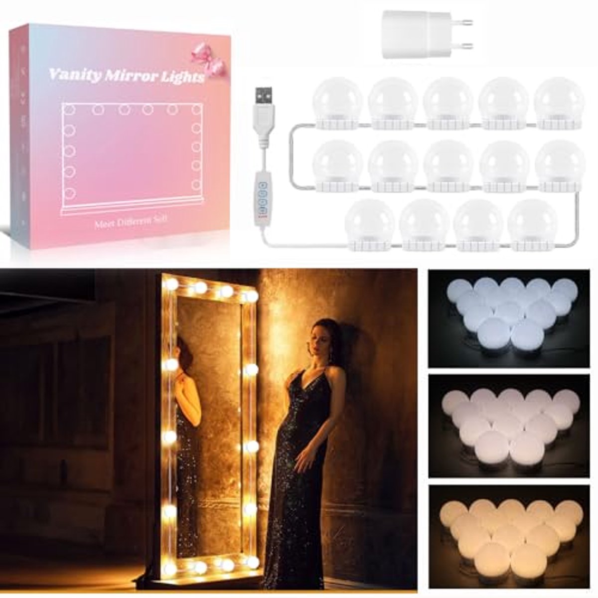 Hollywood Spiegellichtset met 14 Dimbare LED Lampen en USB Aansluiting