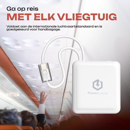 Witte PowerLocus powerbank met ingebouwde kabels, in een vliegtuigcabine.