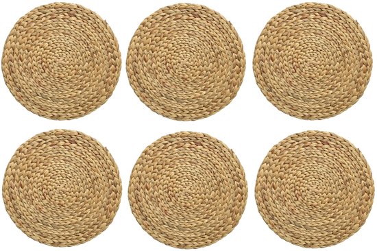 Set de Decoris - 6x - marron naturel - D35 cm - rotin tressé - rond - dessous de verre - décoration de table