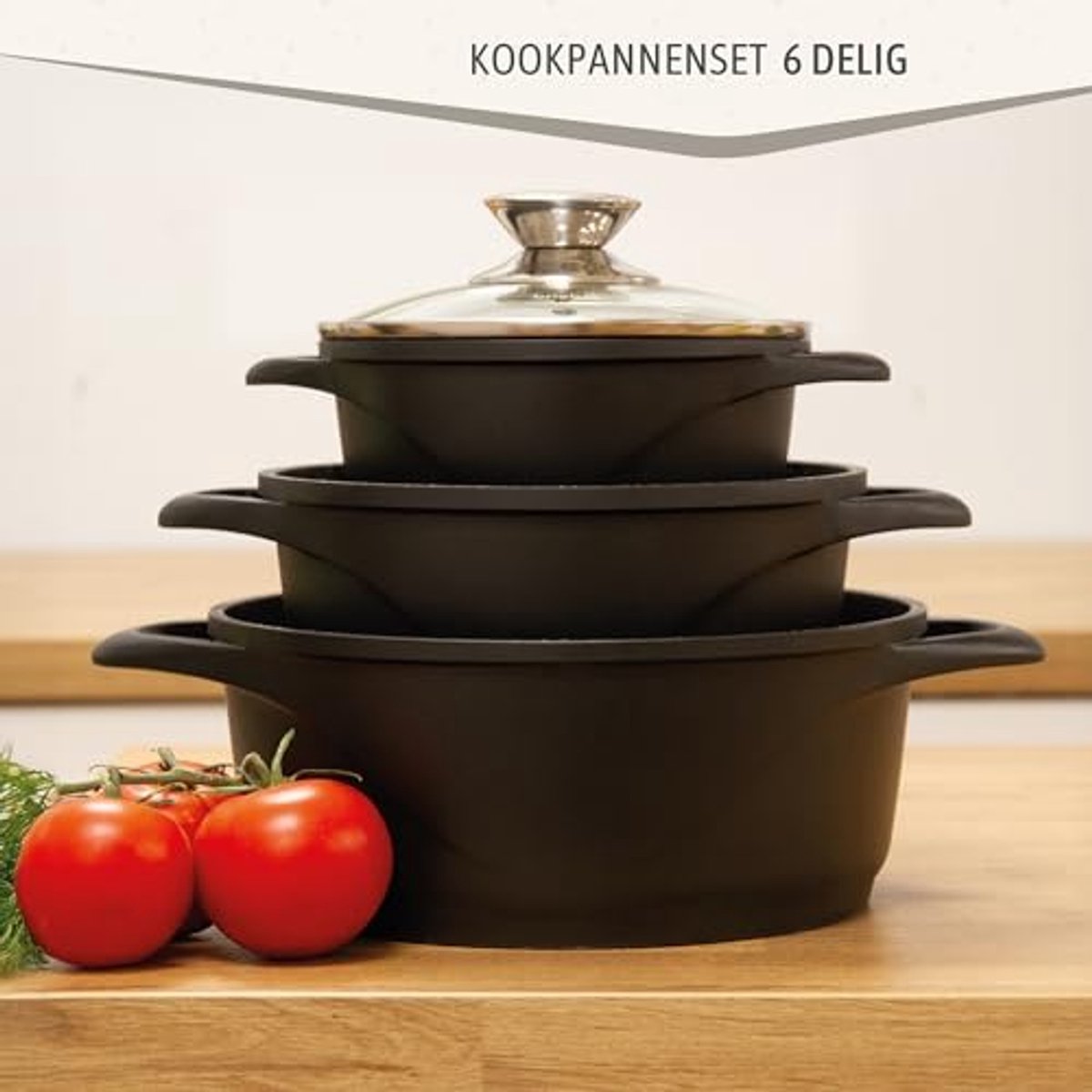 Kookpan Set 6-Delig - Gietaluminium Pannen met Antiaanbaklaag en Glazen Deksel