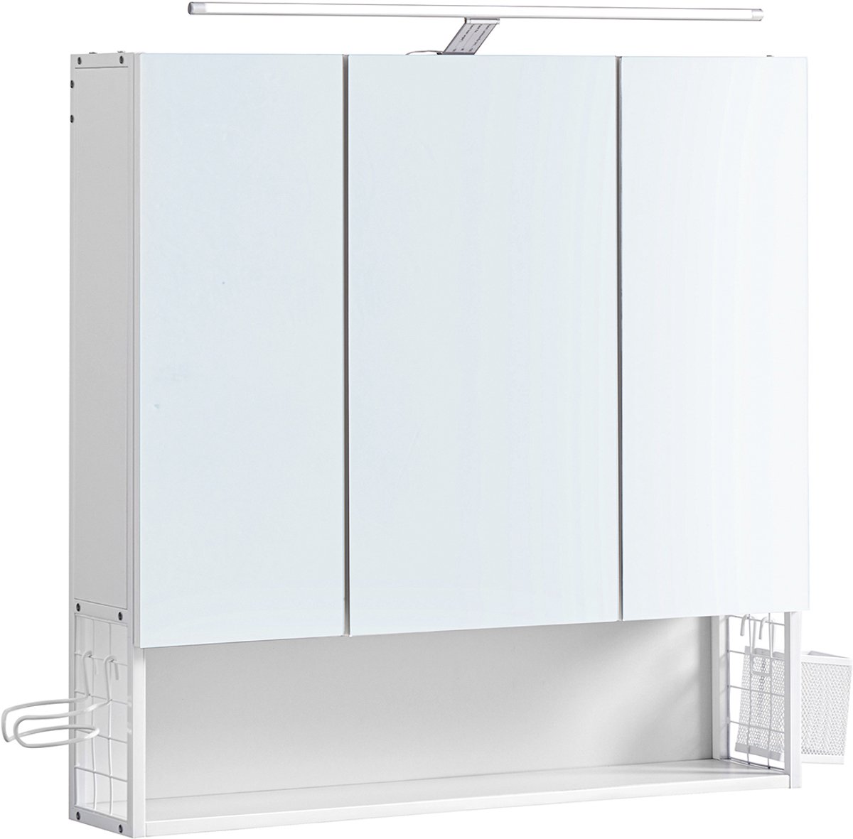 MAZAZU - Spiegelkast - Badkamerkast met LED-verlichting - Wit - 3 deuren - Verstelbare plank - Modern - 14.5 x 70 x 70 cm
