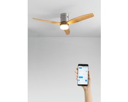 CREATE - Plafondventilator 40W silent 100% hout (Ø132cm) (ruimtes 10m²-25m²) - Nikkel / Licht hout- Met licht - WIFI + Afstandsbediening - WIND CALM NATURAL WOOD