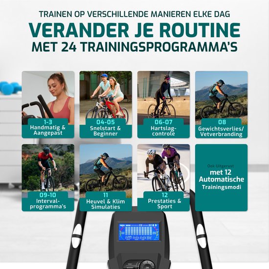 Overzicht van 24 trainingsprogramma's op een FITAGE hometrainer, met afbeeldingen van buitenfietsen voor elk niveau.