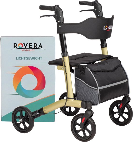Rovera Mobility® Easy Lichtgewicht Rollator - Lichtgewicht en Opvouwbaar - Kwaliteitsrollator - Incl. Luxe, Stijlvolle Rollatortas en Brede Gewatteerde Rugsteun en Zitting - Binnen en Buiten - Champagne