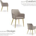 Taupe fluwelen stoel met gouden poten, met tekst 'ZACHT Comfort' en 'ELEGANT Design'.
