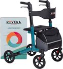 Een turquoise Rovera Mobility rollator met zwarte tas en lichtgewicht doos ernaast.