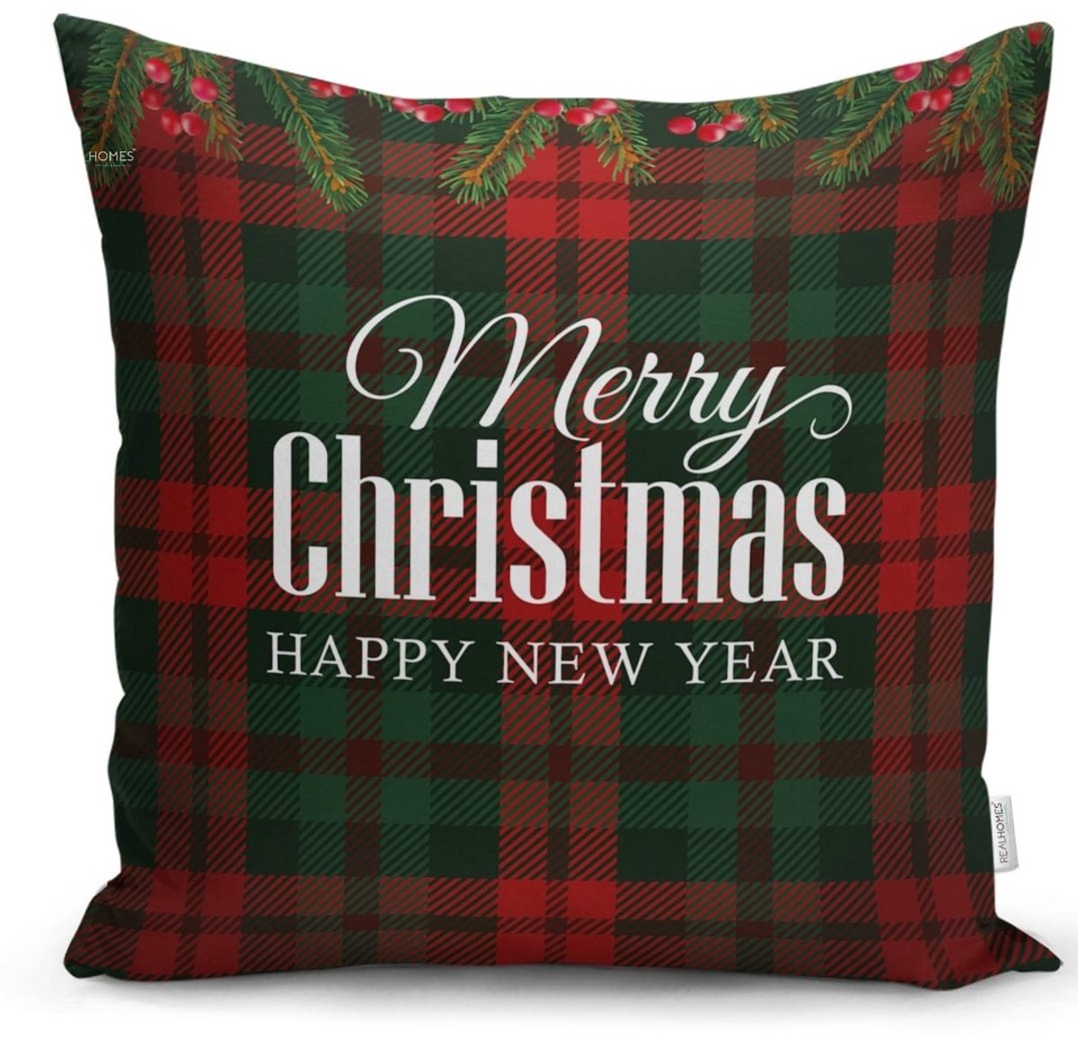 De Groen Home Sierkussen Velvet - 45x45 cm - Merry Christmas & Happy New Year - Inclusief binnenkussen - Kerst huisdecoratie Donkerrood