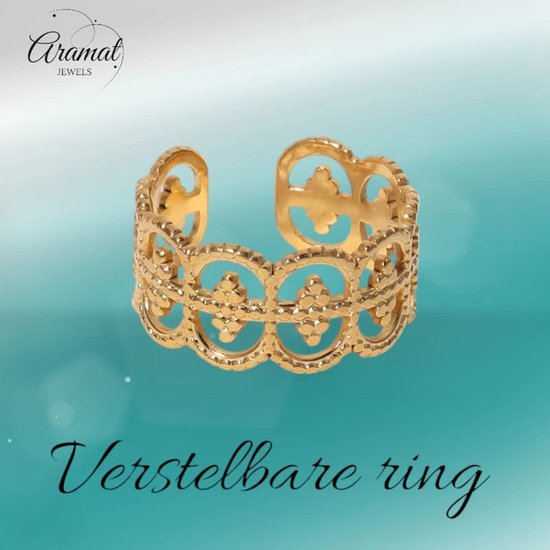 Gouden verstelbare stalen ring met cirkelvormig patroon.