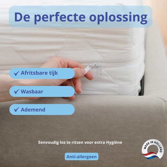 Hand rits een afritsbare, wasbare en ademende matrashoes open. "De perfecte oplossing" staat erboven.
