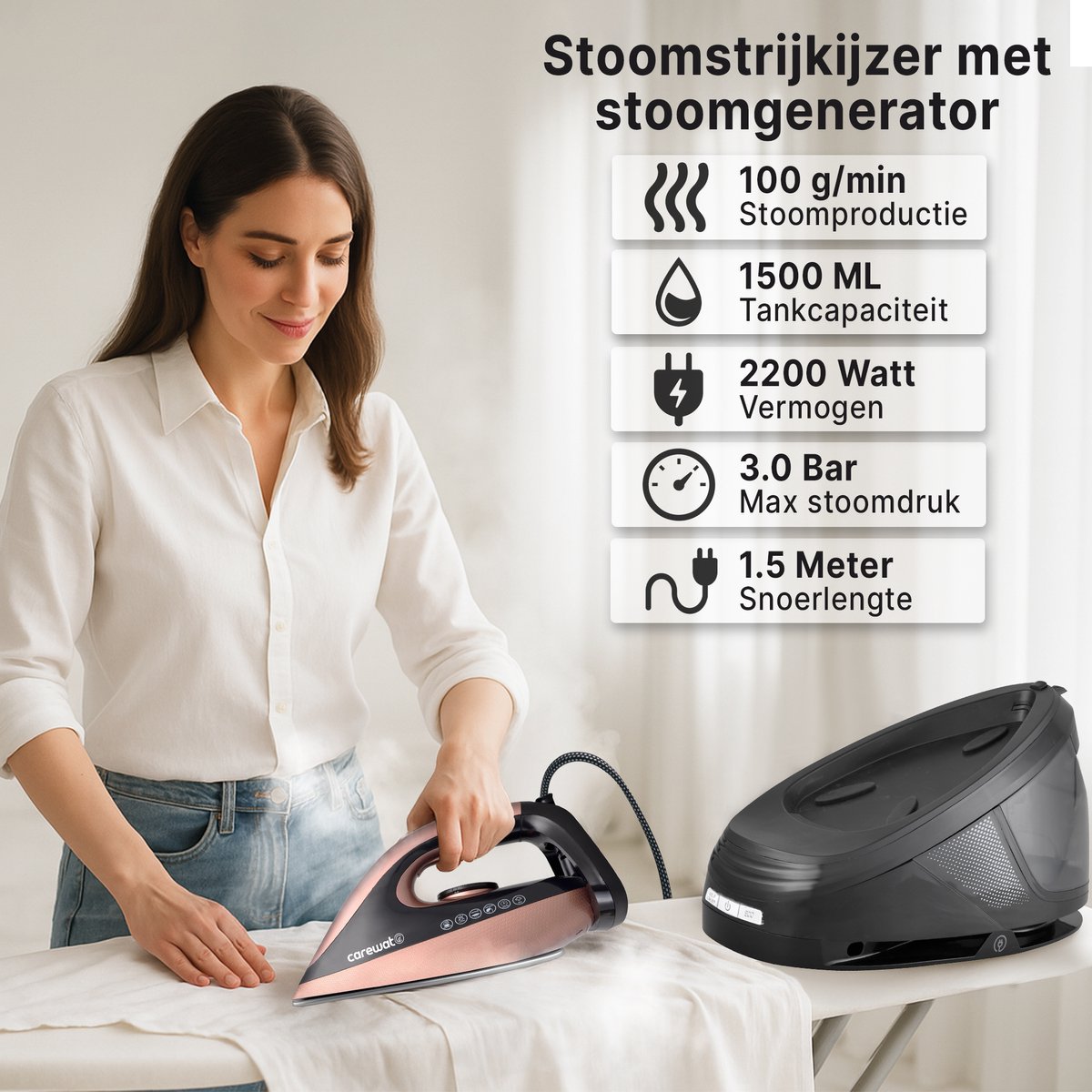 Carewat Stoomstrijkijzer met Stoomgenerator - Goud - 2200W - 1.5L Uitneembare Watertank - 100 g/min Stoomproductie - Keramische Zoolplaat - 3.0 Bar Stoomdruk - Anti-Oververhitting - Geschikt voor alle stoffen — afbeelding 5