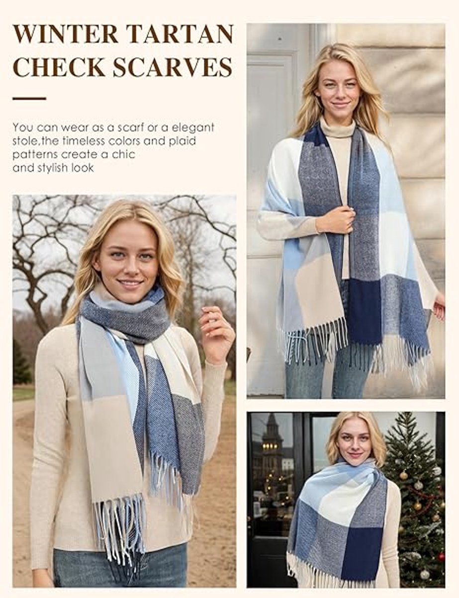 Dames geruit oversized kasjmier sjaal lange zachte wraps dames geruit oversized sjaal lange sjaal voor herfst en winter , Blauw Grijs 2