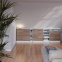 Set van 2 kasten met houten fronten en witte zijden, staand in een kamer met houten vloer en plant.