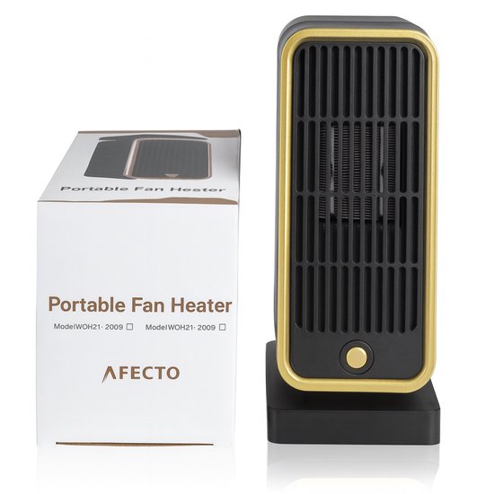 Zwarte staande keramische kachel met gouden rand en grille, naast de doos van 'Afecto Portable Fan Heater'.